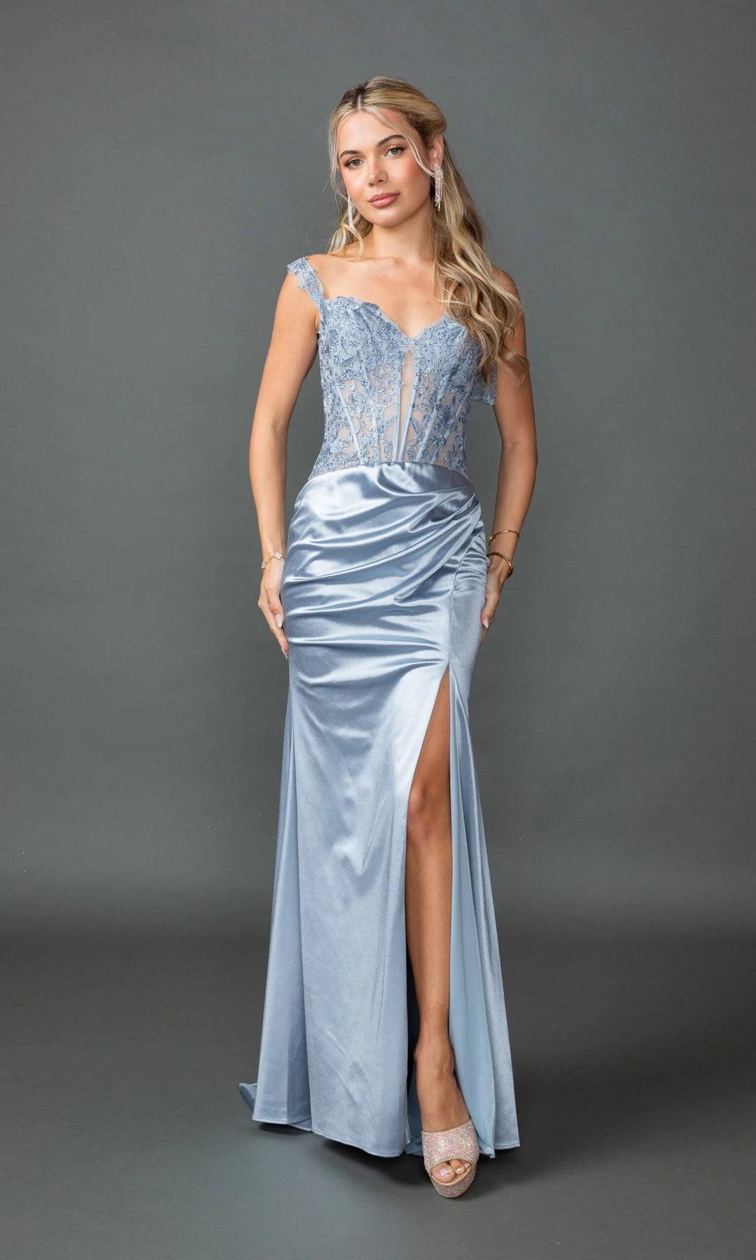 Elegant Mermaid Sweetheart Sleeveless Corset Slit Blue Long Prom Dresses Women
