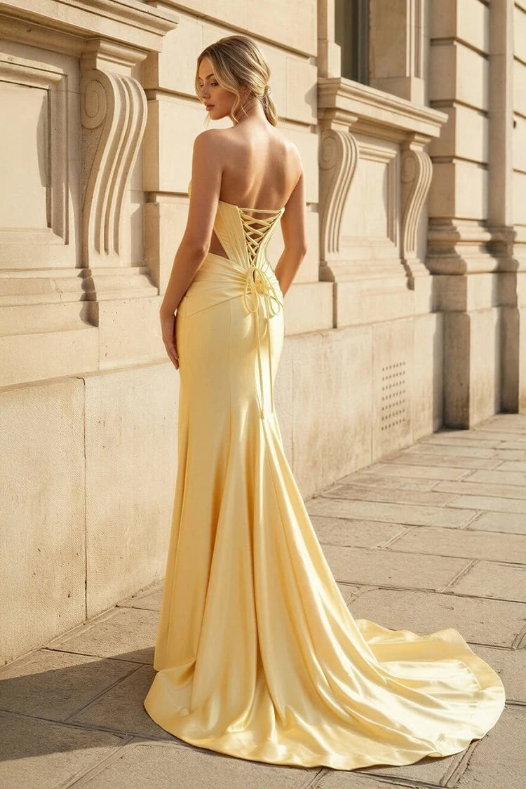 Elegant Mermaid Sweetheart Sleeveless Ruched High Slit Yellow Floor-Length Prom Dress
