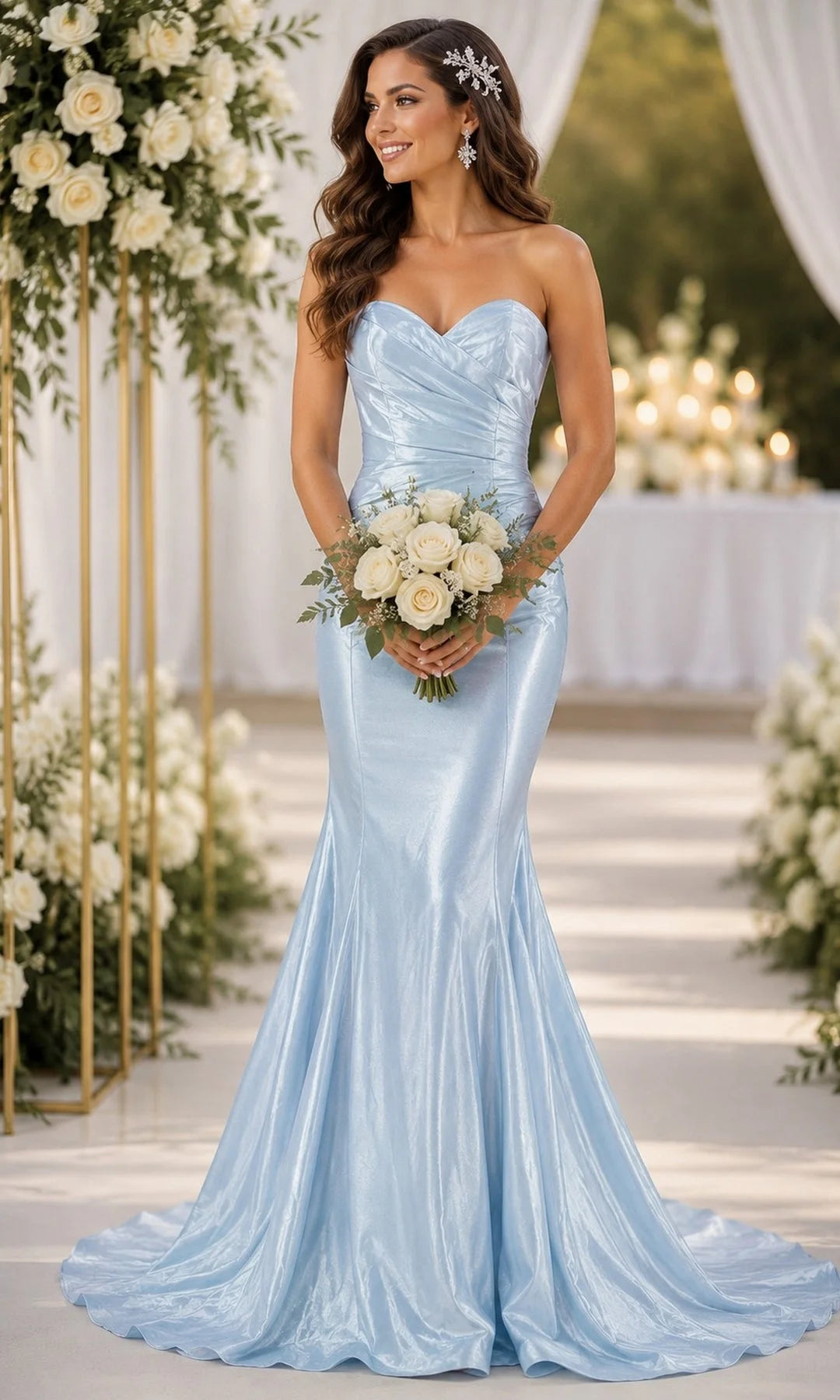 Elegant Mermaid Sweetheart Strapless Ruched Blue Long Prom Dresses Women Gown