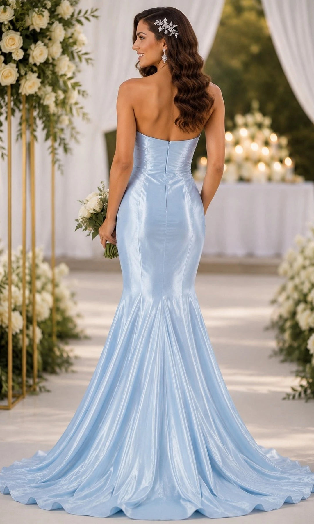 Elegant Mermaid Sweetheart Strapless Ruched Blue Long Prom Dresses Women Gown