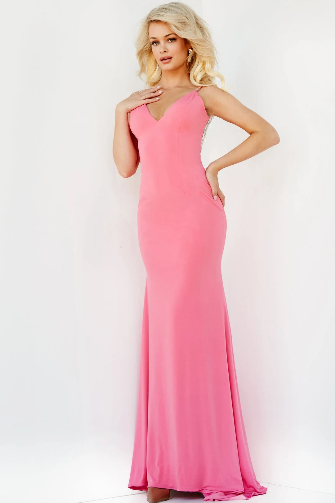 Elegant Mermaid V-Neck Sleeveless Backless Beaded Pink Long Prom Dresses Women