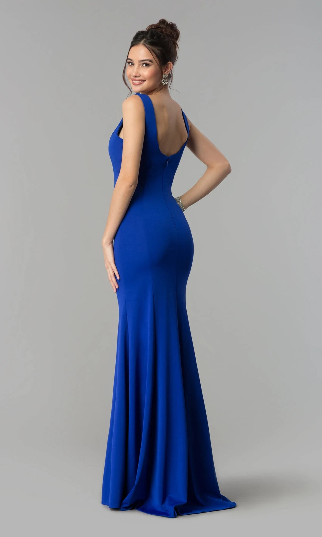 Elegant Mermaid V-Neck Sleeveless Backless Formal Blue Long Prom Dresses Women