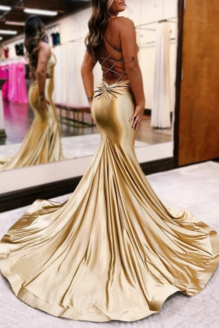Elegant Mermaid V-Neck Sleeveless Backless Gold Floor-Length Prom Dresses Women's Gown