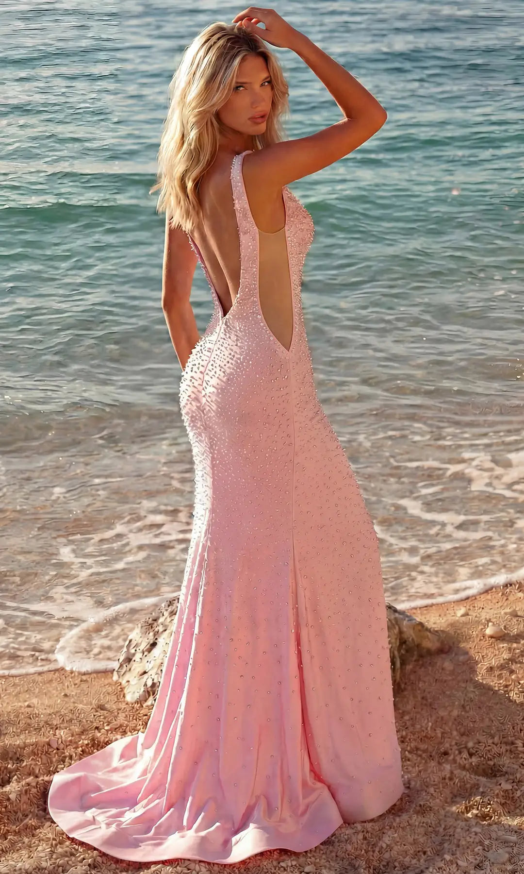 Elegant Mermaid V-Neck Sleeveless Beaded Cutout Blush Pink Floor-Length Prom Dresses Gown