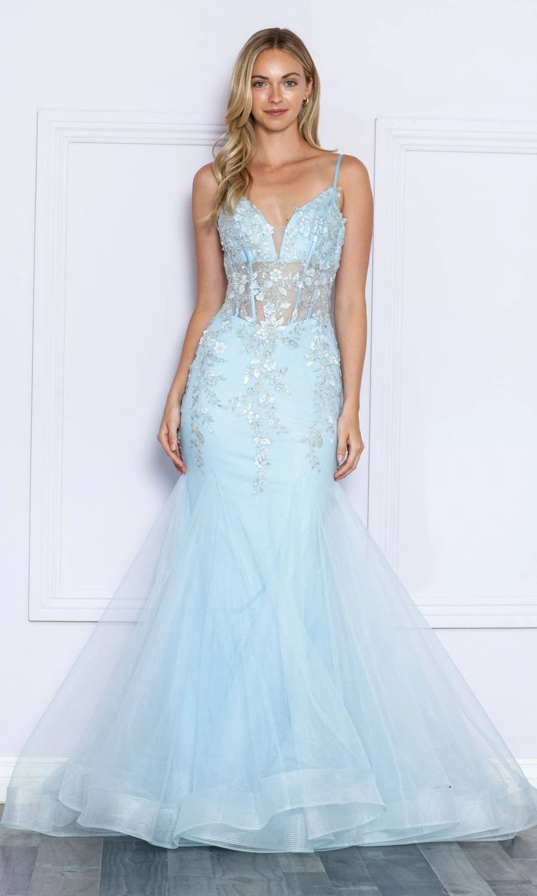 Elegant Mermaid V-Neck Sleeveless Corset-Applique Blue Long Prom Dresses Women Gown