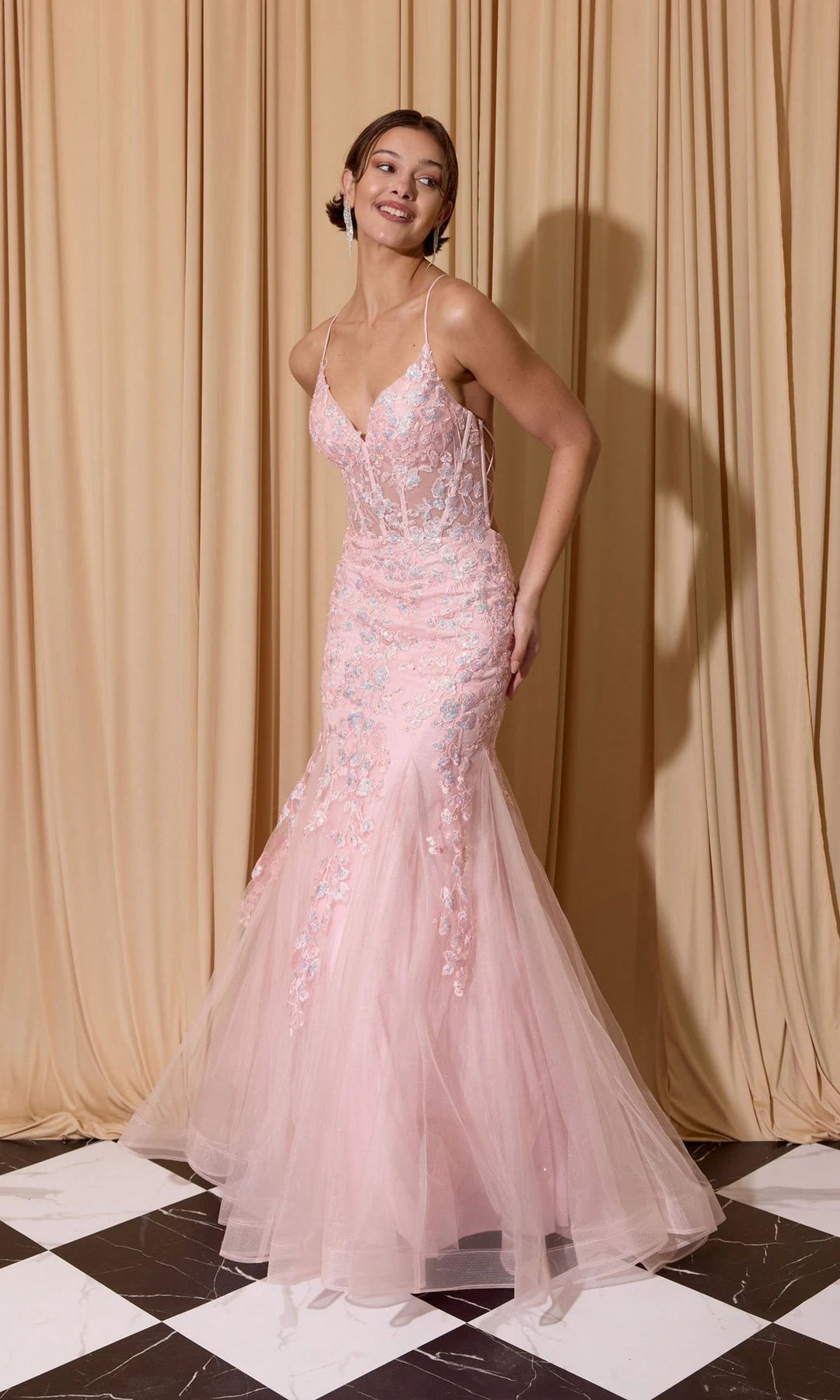 Elegant Mermaid V-Neck Sleeveless Corset Backless Pink Long Prom Dresses Women Gown