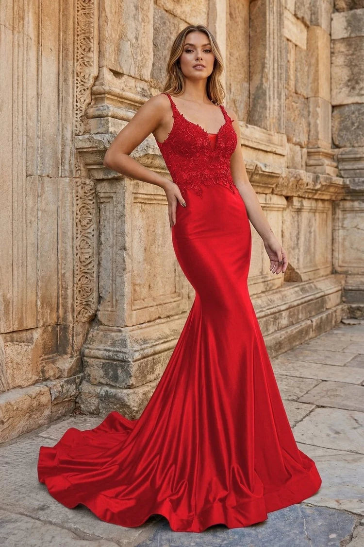 Elegant Mermaid V-Neck Sleeveless Embroidered Red Floor-Length Prom Dress Gown