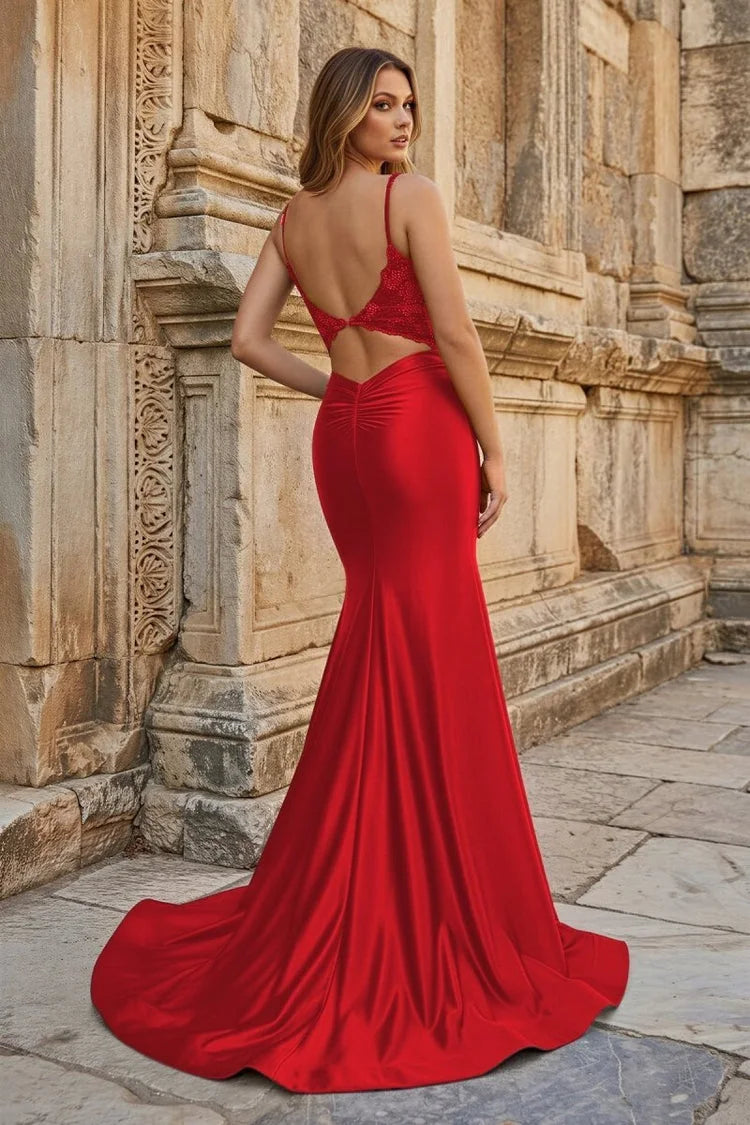 Elegant Mermaid V-Neck Sleeveless Embroidered Red Floor-Length Prom Dress Gown