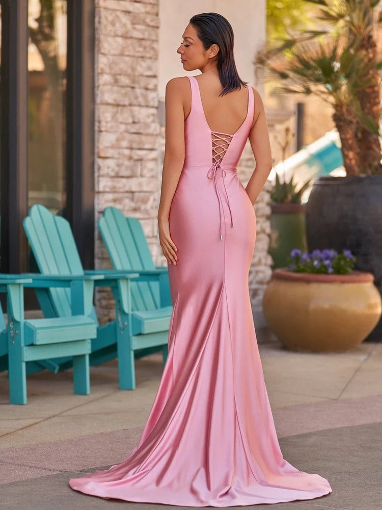 Elegant Mermaid V-Neck Sleeveless Ruched Lace-Up Pink Floor-Length Prom Gown