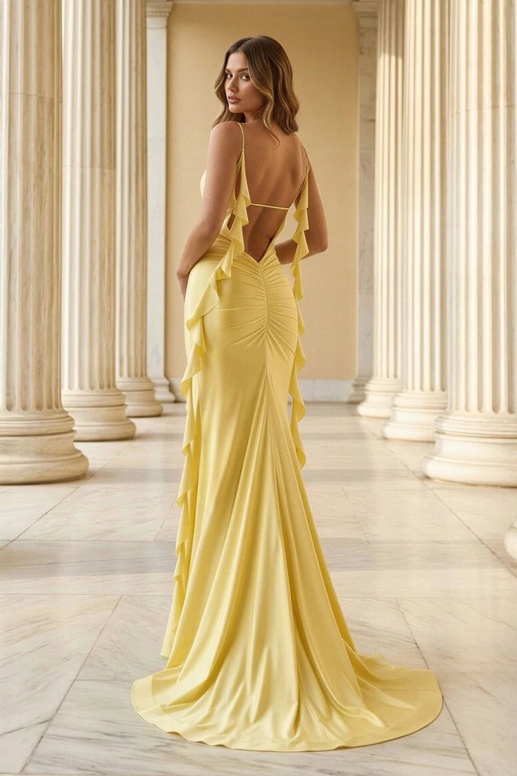 Elegant Mermaid V-Neck Sleeveless Ruffled Slit Pastel Yellow Floor-Length Prom Dresses Women's Gown