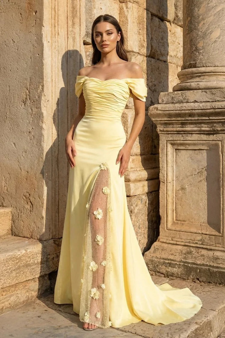 Elegant Off-Shoulder Ruched High Slit Pastel Yellow Floor-Length Prom Dress Gown