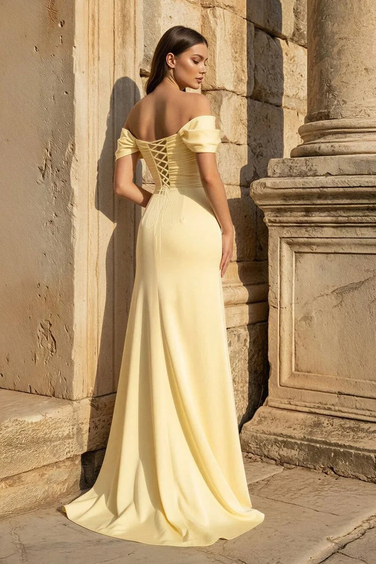 Elegant Off-Shoulder Ruched High Slit Pastel Yellow Floor-Length Prom Dress Gown