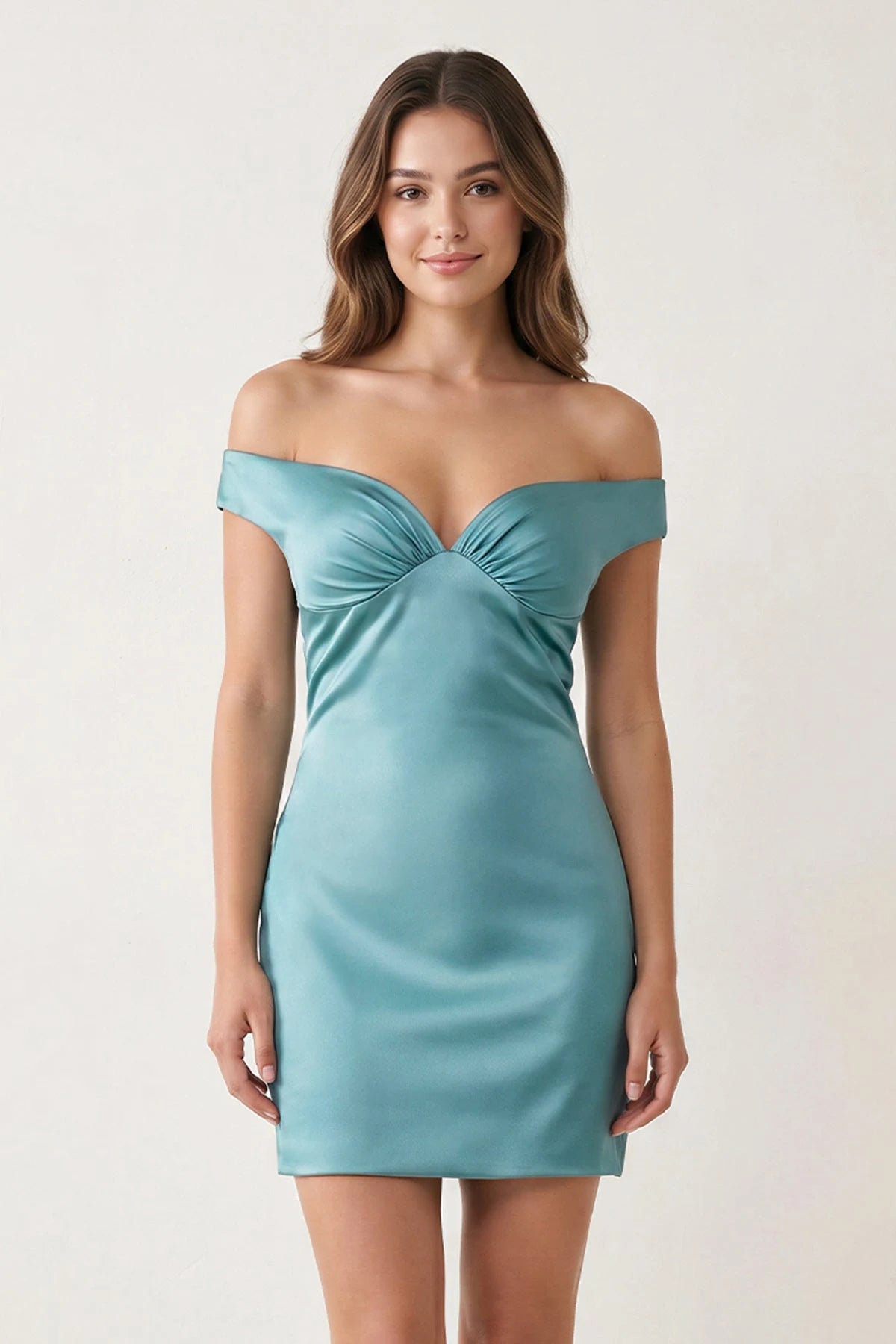 Elegant Off-Shoulder Ruched Teal Mini Homecoming Dress with Cap Sleeves