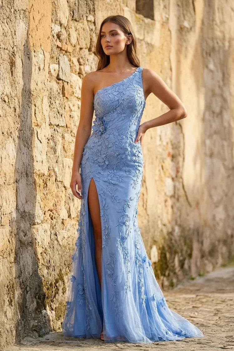 Elegant One-Shoulder Sleeveless Floral Applique High Slit Dusty Blue Mermaid Prom Dress