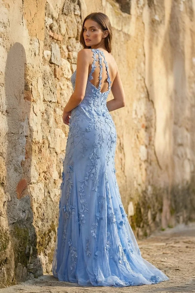 Elegant One-Shoulder Sleeveless Floral Applique High Slit Dusty Blue Mermaid Prom Dress