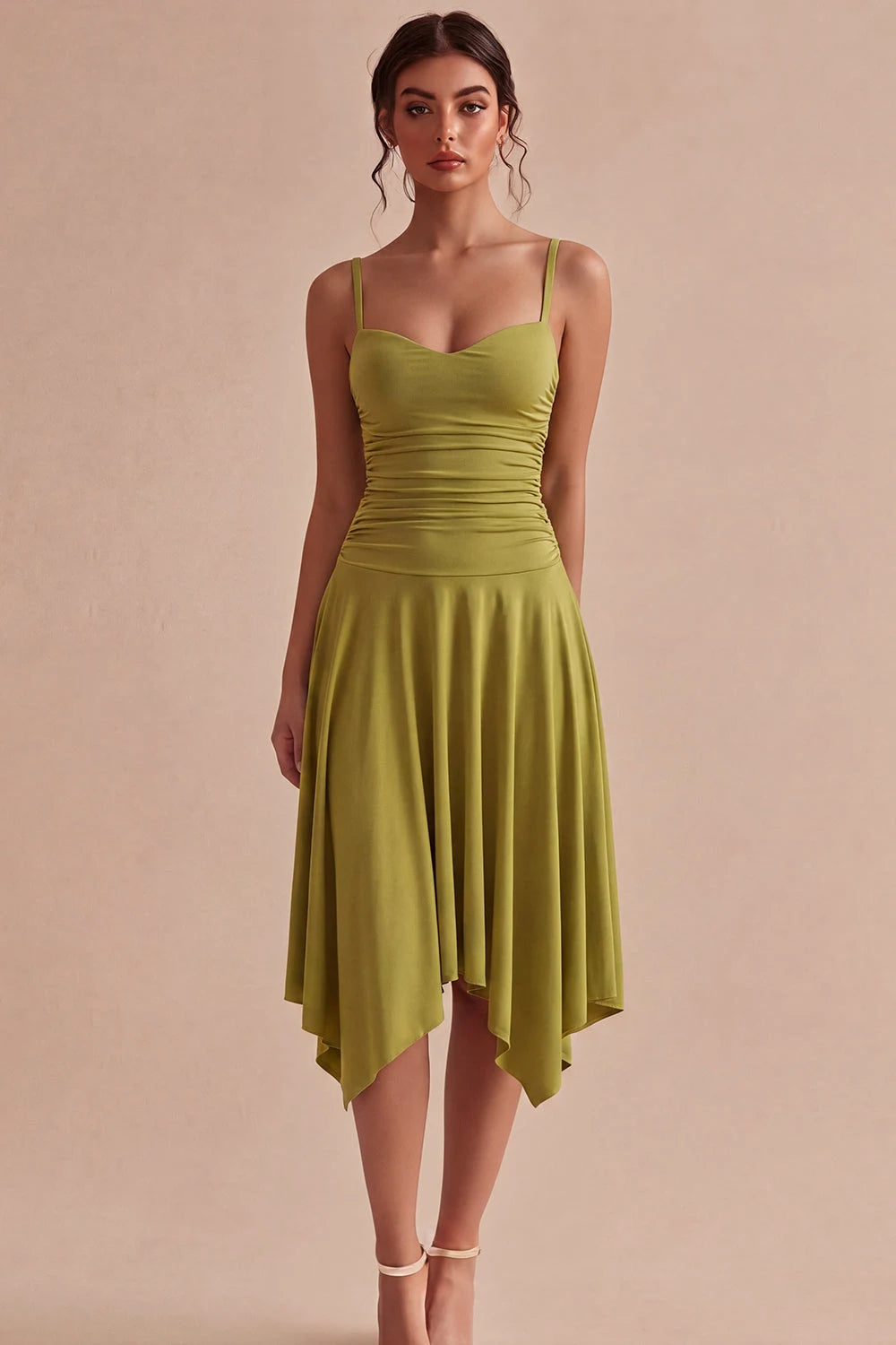 Elegant Ruched A-Line Sweetheart Sleeveless Olive Green Midi Homecoming Dress For Women