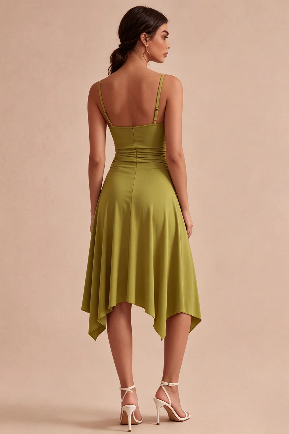 Elegant Ruched A-Line Sweetheart Sleeveless Olive Green Midi Homecoming Dress For Women