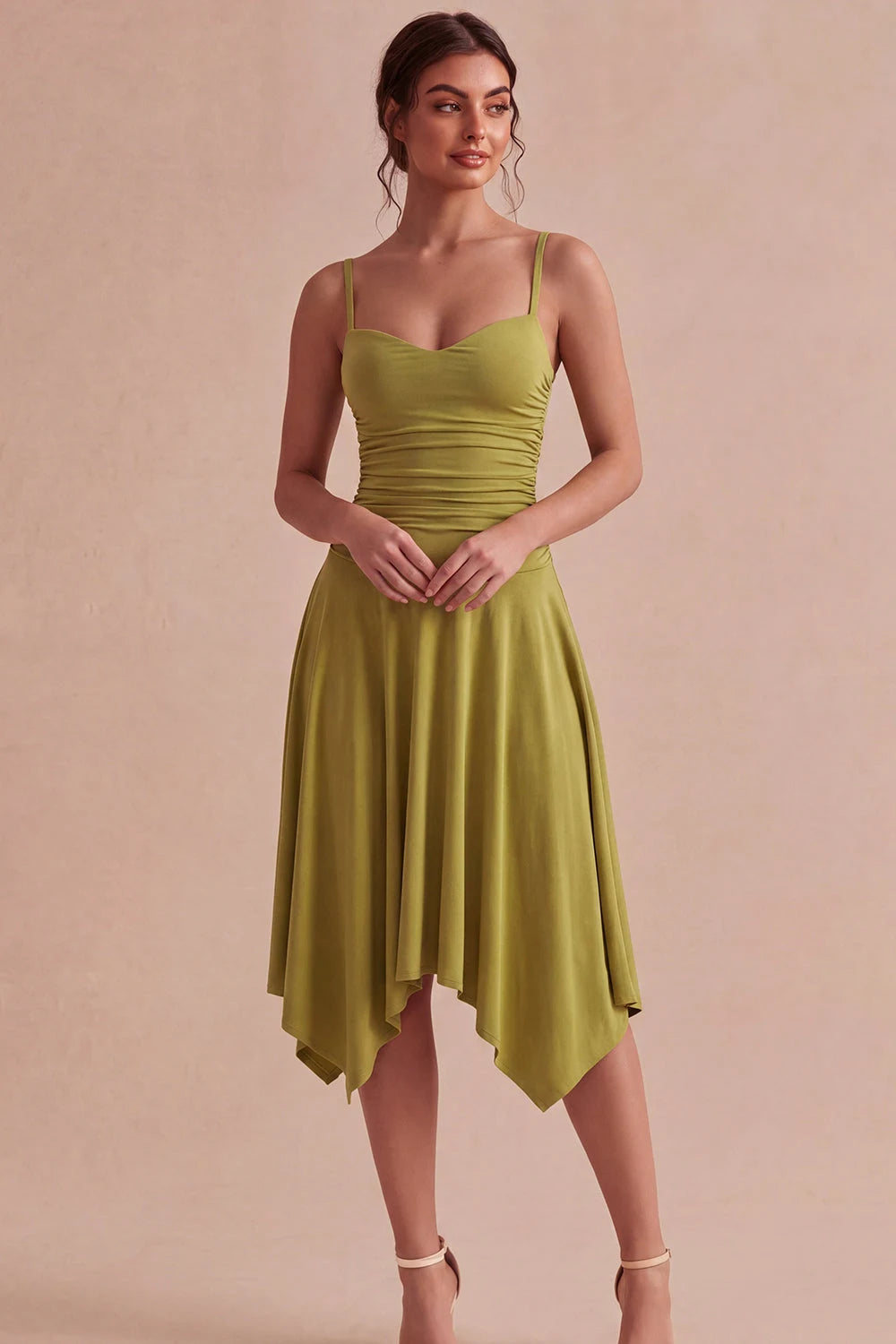 Elegant Ruched A-Line Sweetheart Sleeveless Olive Green Midi Homecoming Dress For Women