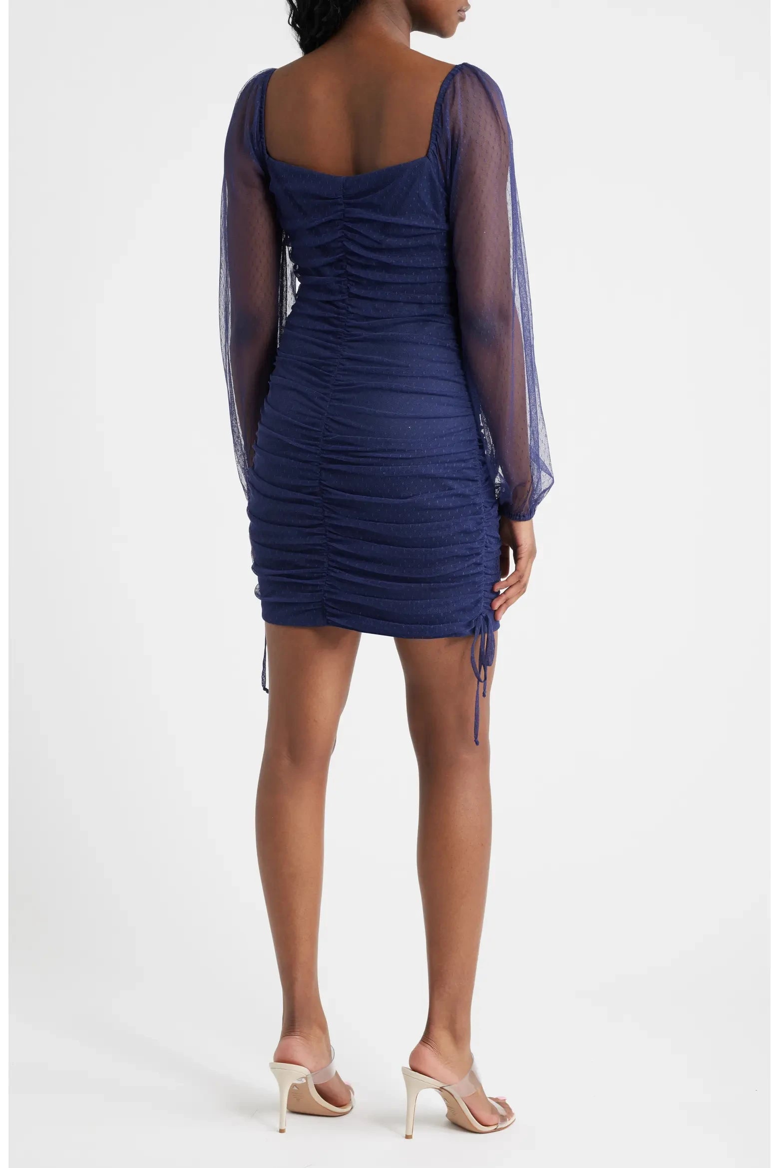 Elegant Ruched Bodycon Square Neck Sheer Long Sleeve Square Back Mini Homecoming Dresses