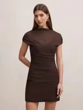 Elegant Ruched Sheer Mock Neck Short Sleeve Dark Brown Mini Homecoming Dress