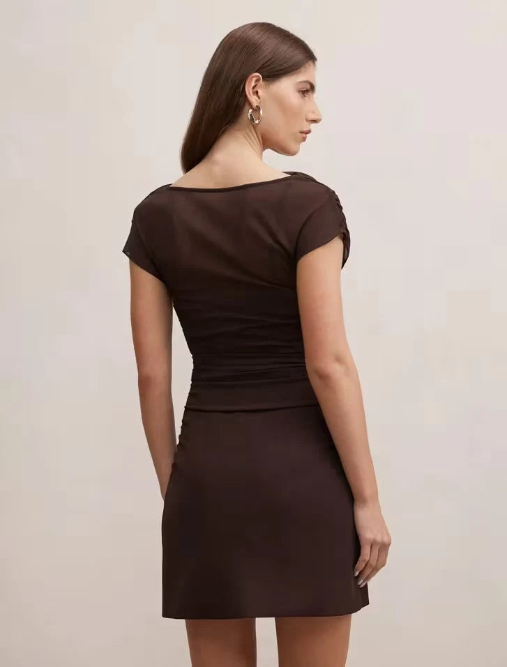 Elegant Ruched Sheer Mock Neck Short Sleeve Dark Brown Mini Homecoming Dress