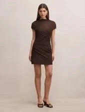Elegant Ruched Sheer Mock Neck Short Sleeve Dark Brown Mini Homecoming Dress