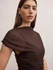 Elegant Ruched Sheer Mock Neck Short Sleeve Dark Brown Mini Homecoming Dress