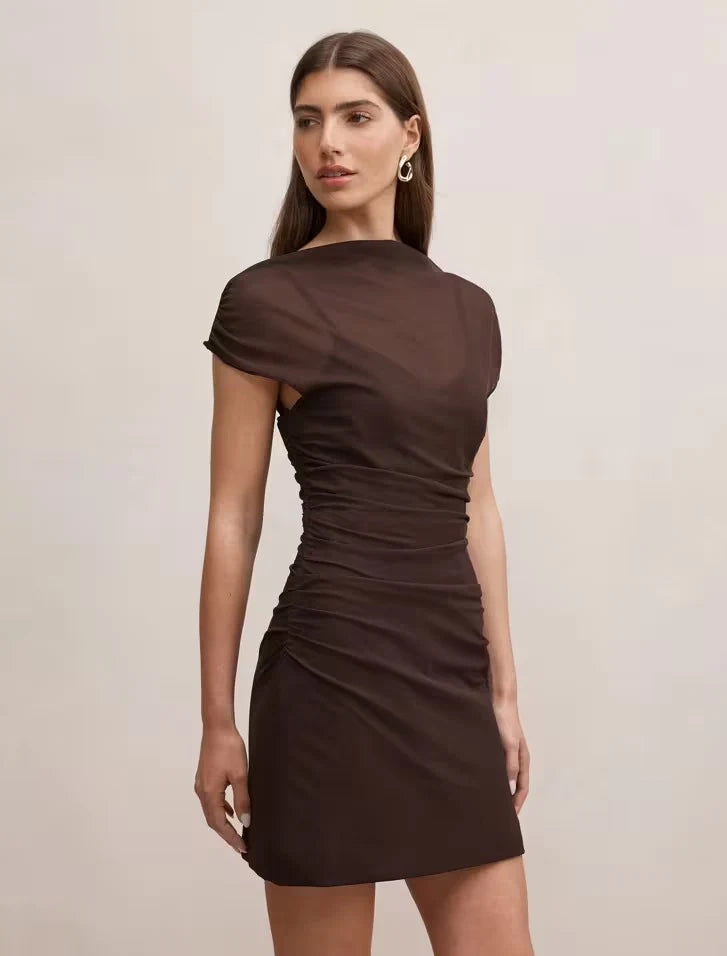 Elegant Ruched Sheer Mock Neck Short Sleeve Dark Brown Mini Homecoming Dress