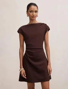 Elegant Ruched Sheer Mock Neck Short Sleeve Dark Brown Mini Homecoming Dress