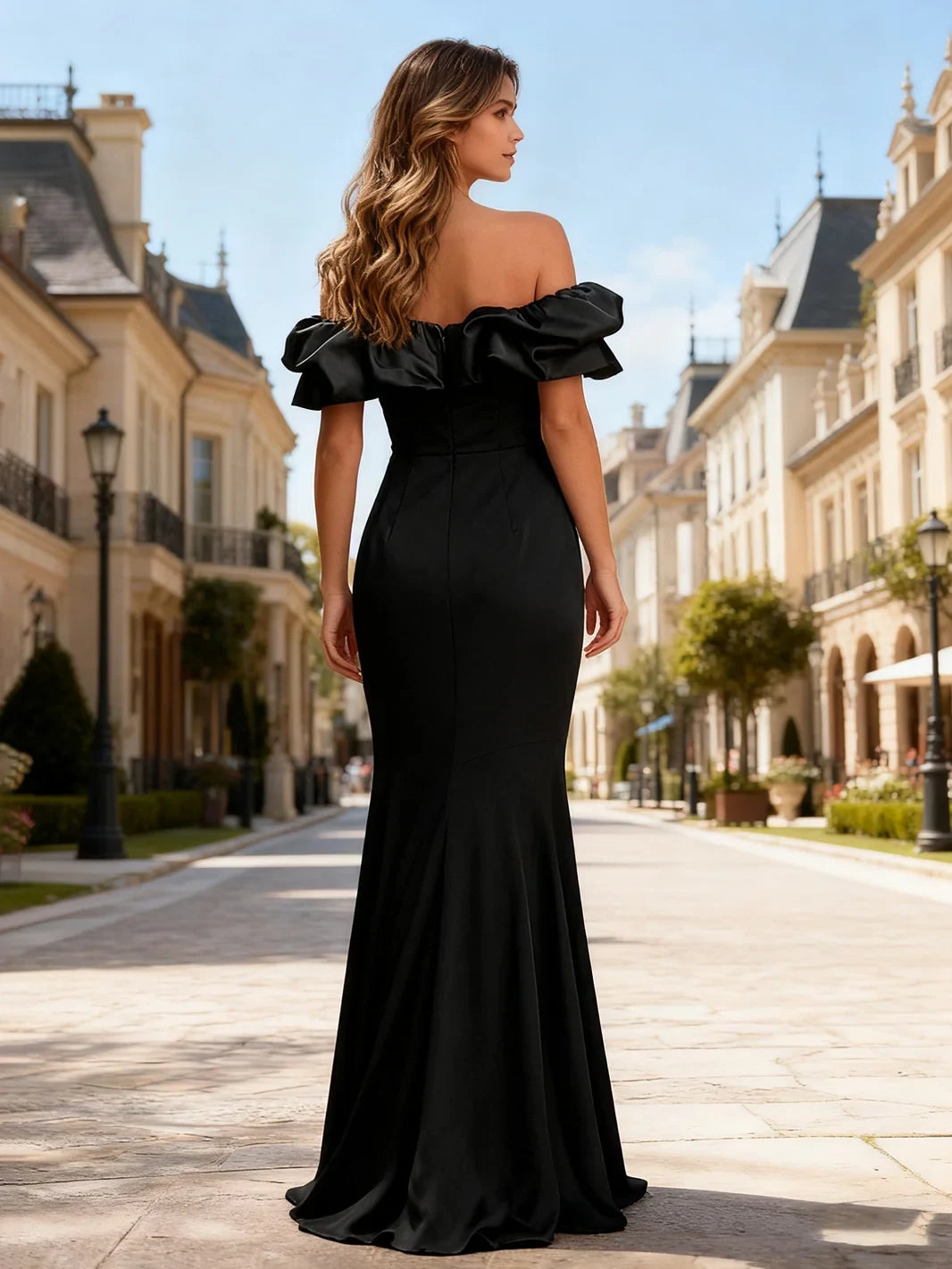 Elegant Ruffled Off-Shoulder Mermaid High-Slit Black Floor-Length Prom Dress