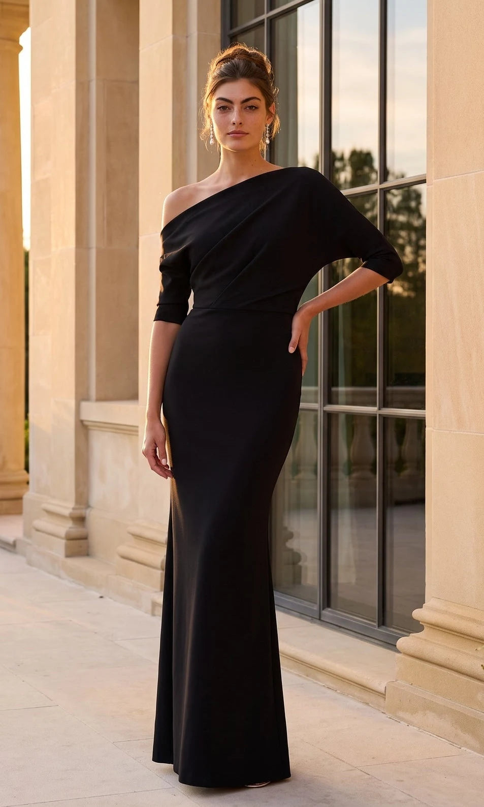 Elegant Sheath Asymmetric Sleeved Draped Black Floor-Length Prom Dresses Women Gown