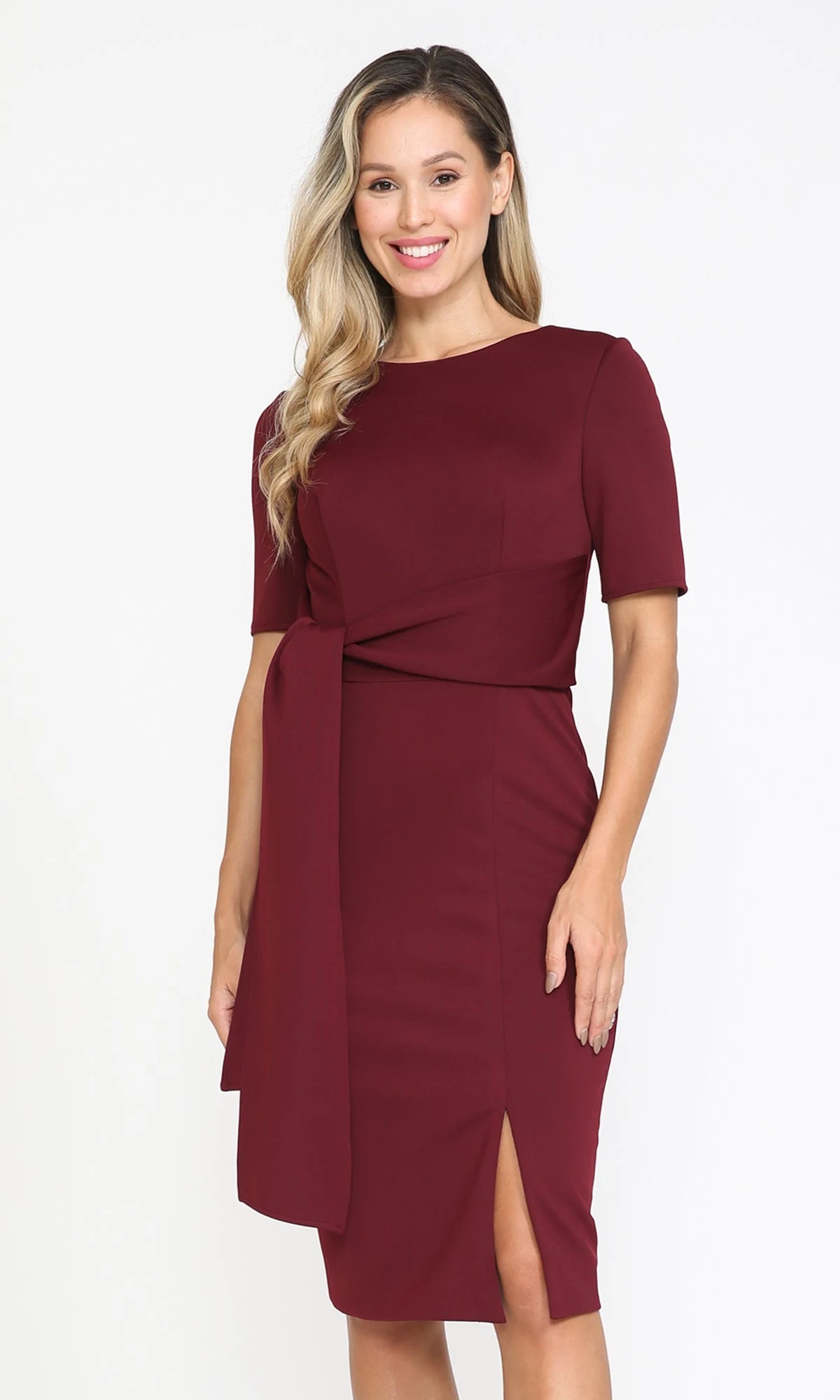 Elegant Sheath Boat Neck Short Sleeve Tie-Waist Teal Midi Homecoming Dress