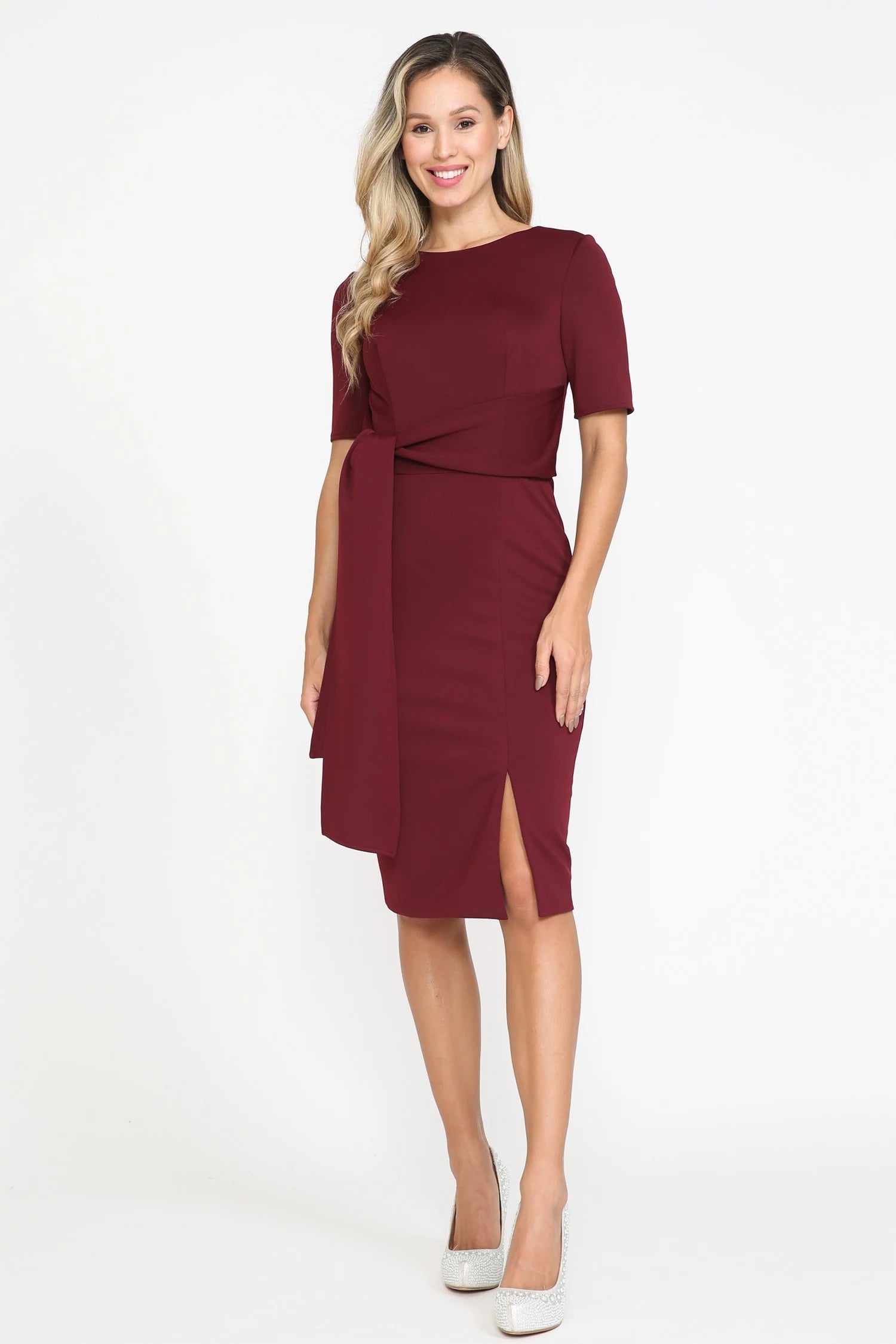 Elegant Sheath Boat Neck Short Sleeve Tie-Waist Teal Midi Homecoming Dress