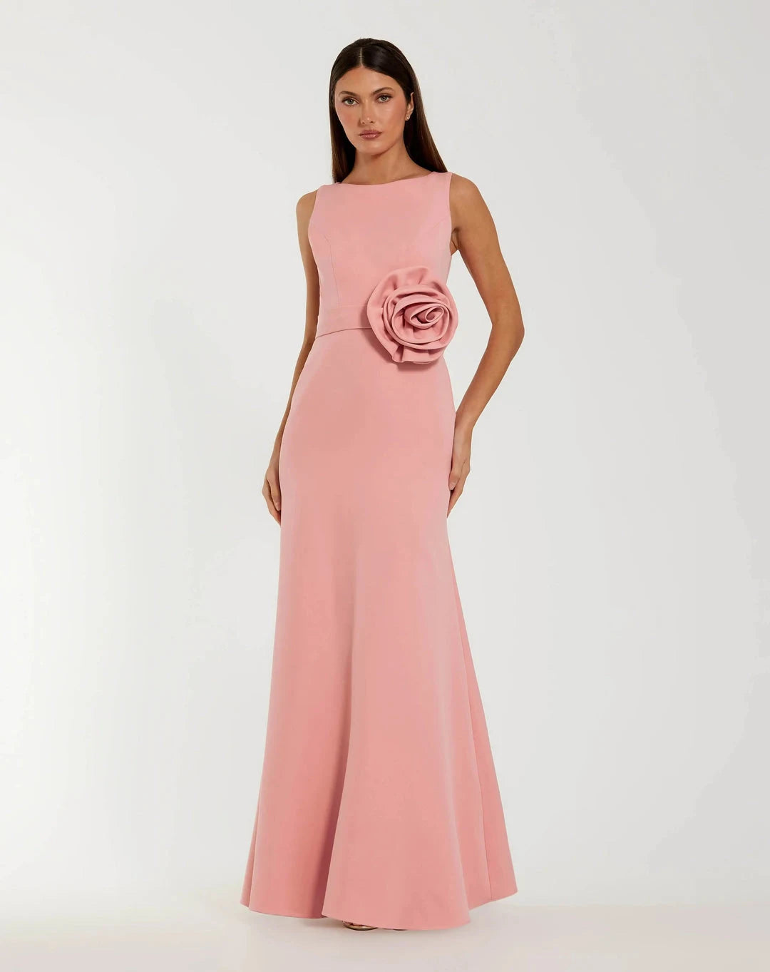 Elegant Sheath Boat Neck Sleeveless Rosette Pink Long Prom Dresses Women