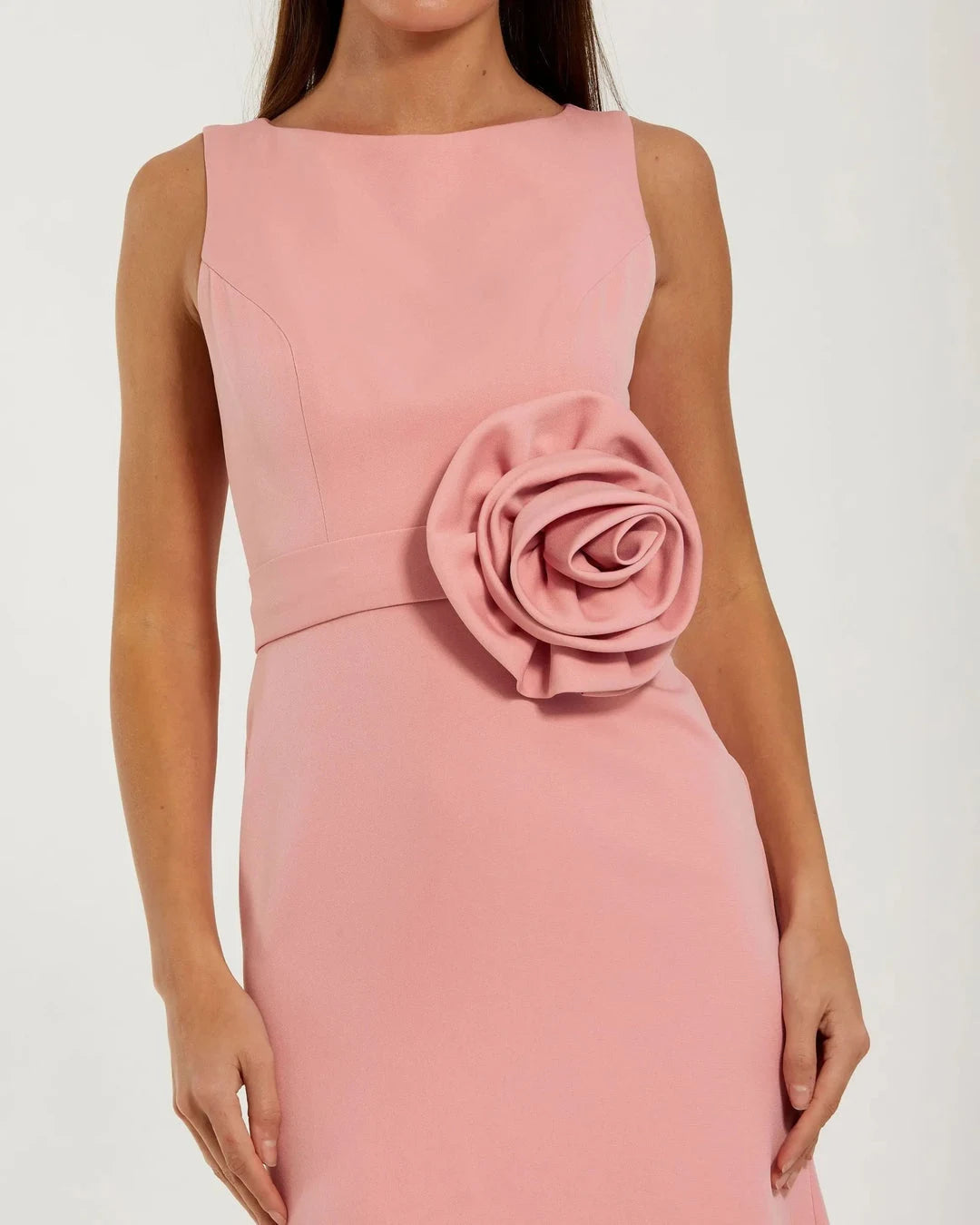 Elegant Sheath Boat Neck Sleeveless Rosette Pink Long Prom Dresses Women