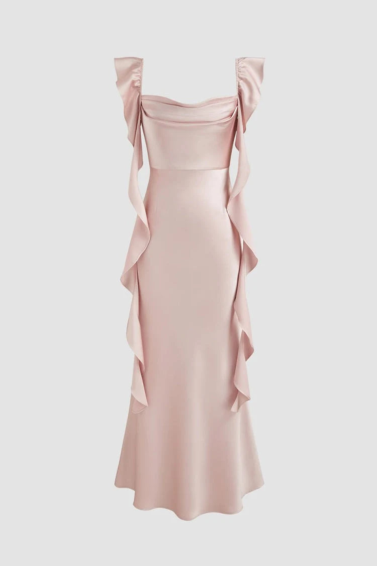 Elegant Sheath Cowl Neck Sleeveless Ruffled Lace-Up Blush Pink Midi Prom Dress