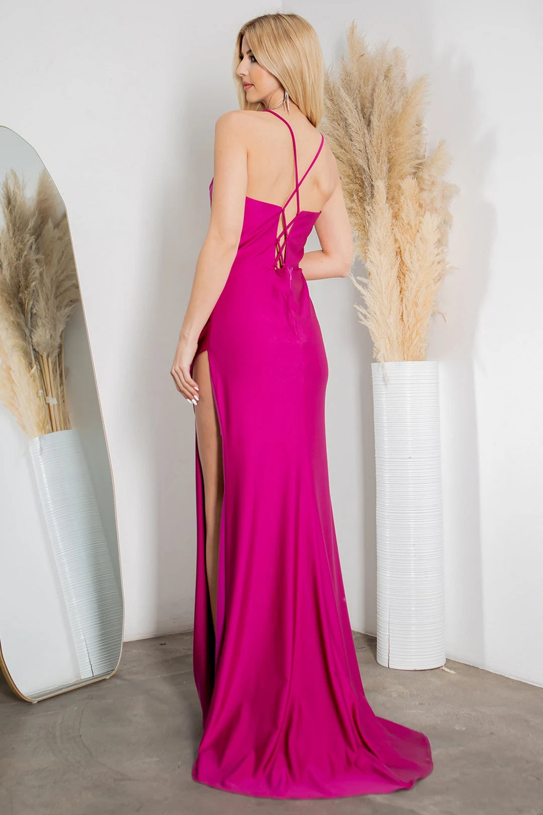 Elegant Sheath Cowl Sleeveless Corset Slit Magenta Floor Length Prom Dresses Women Gown