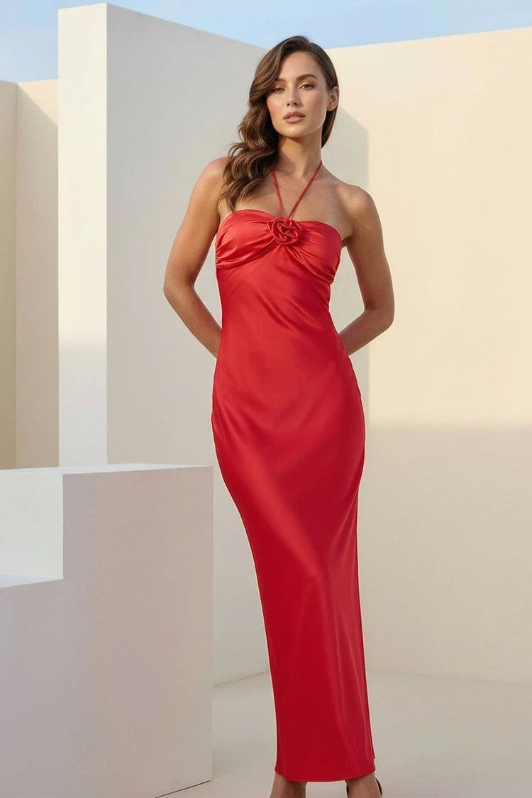 Elegant Sheath Halter Sleeveless Chic Scarlet Red Floor-Length Prom Dress Gown