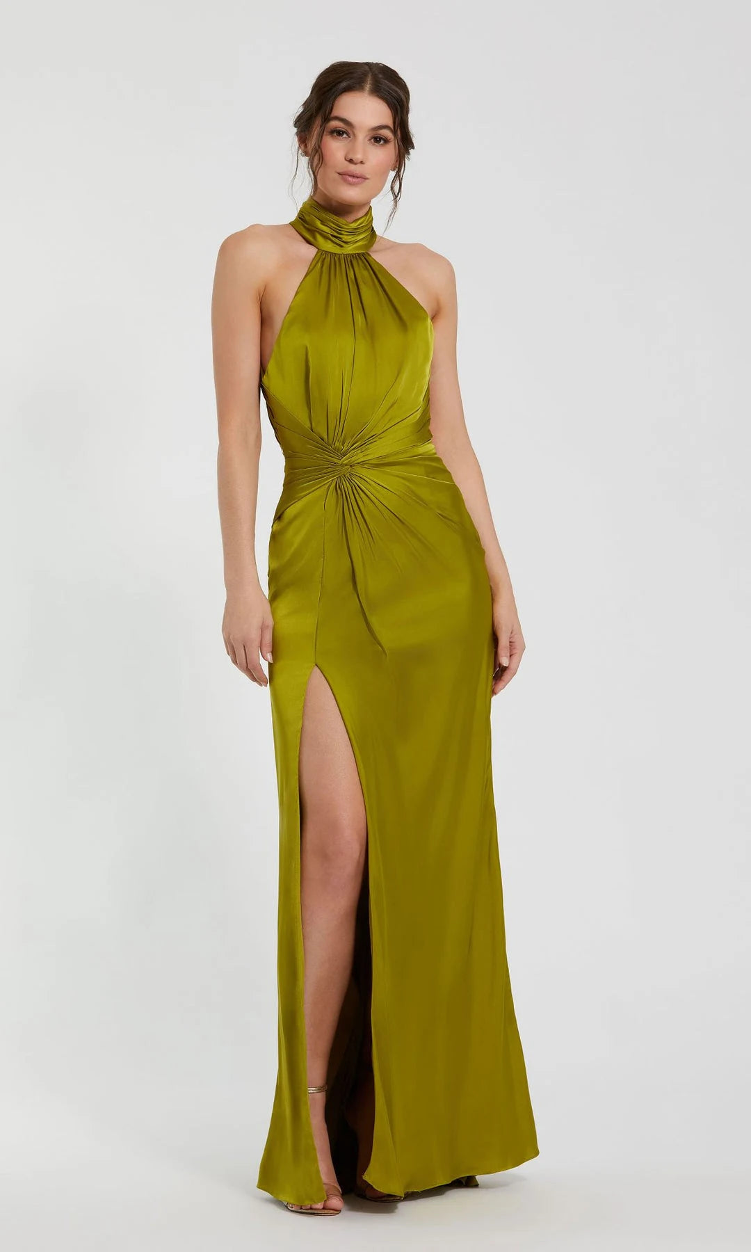 Elegant Sheath Halter Sleeveless Ruched Slit Olive Maxi Prom Dresses For Women