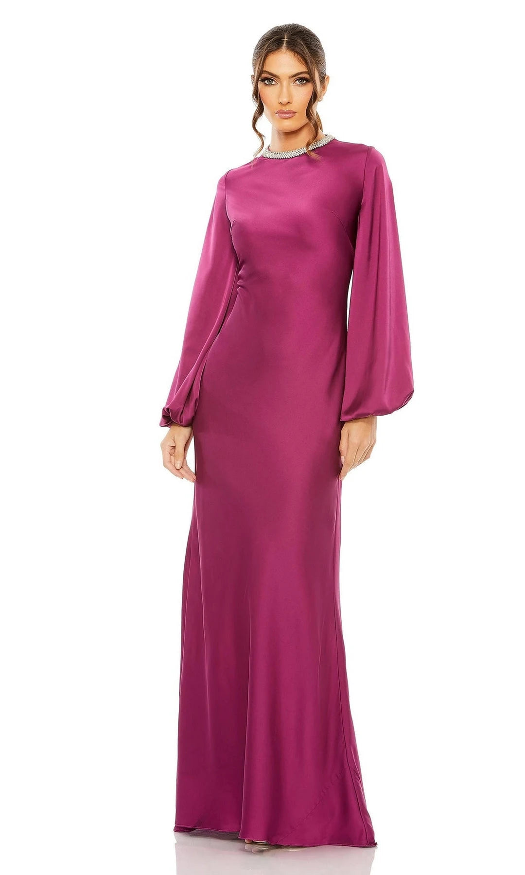 Elegant Sheath High Neck Long Sleeve Beaded Magenta Long Prom Dresses For Women