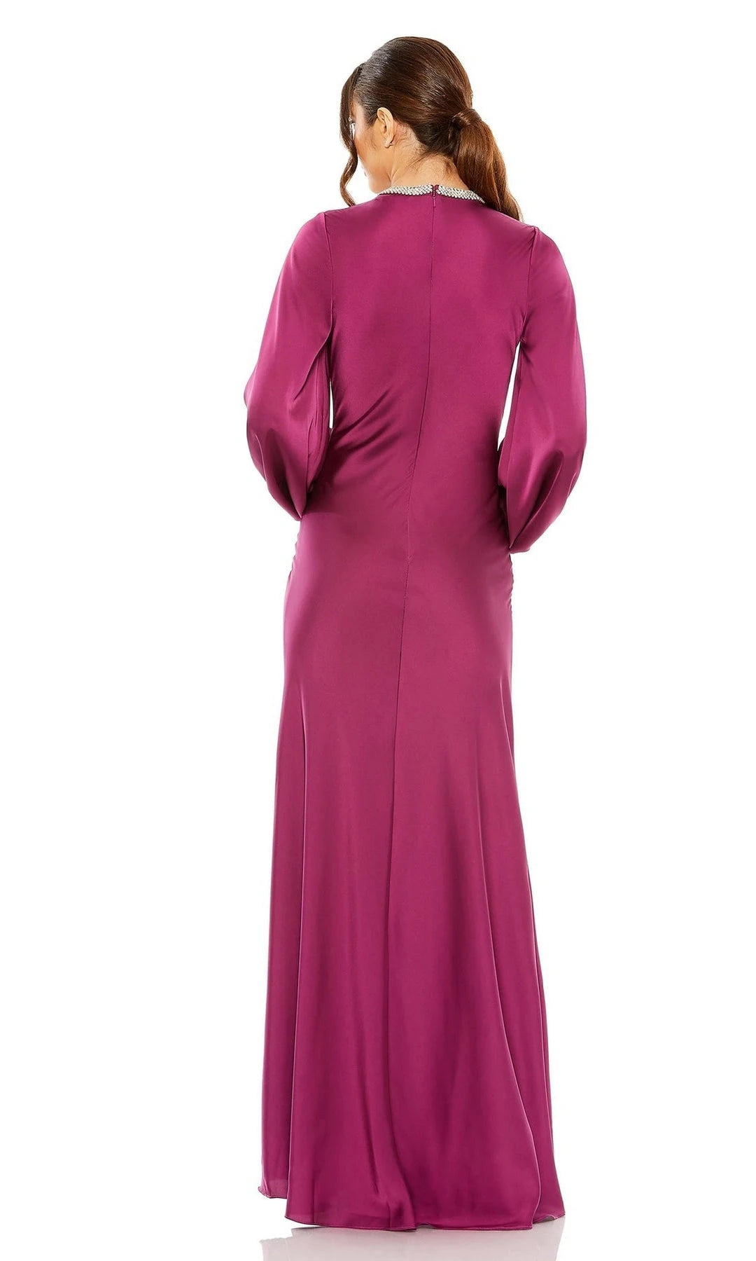 Elegant Sheath High Neck Long Sleeve Beaded Magenta Long Prom Dresses For Women