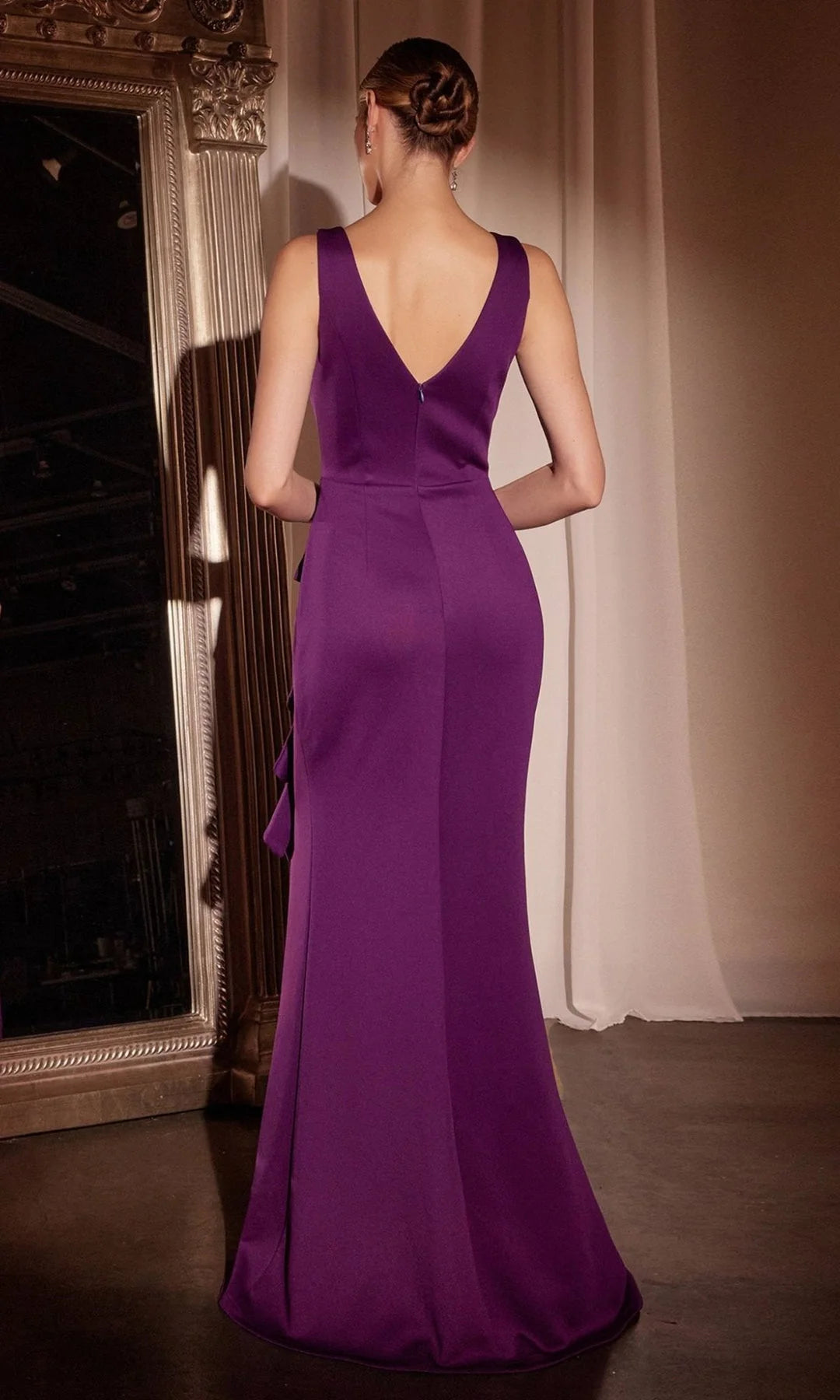 Elegant Sheath Jewel Sleeveless Ruffled Slit Purple Long Prom Dresses Women
