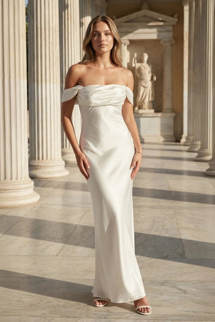 Elegant Sheath Off-Shoulder Draped Ivory Floor-Length Prom Dresses Women Gown
