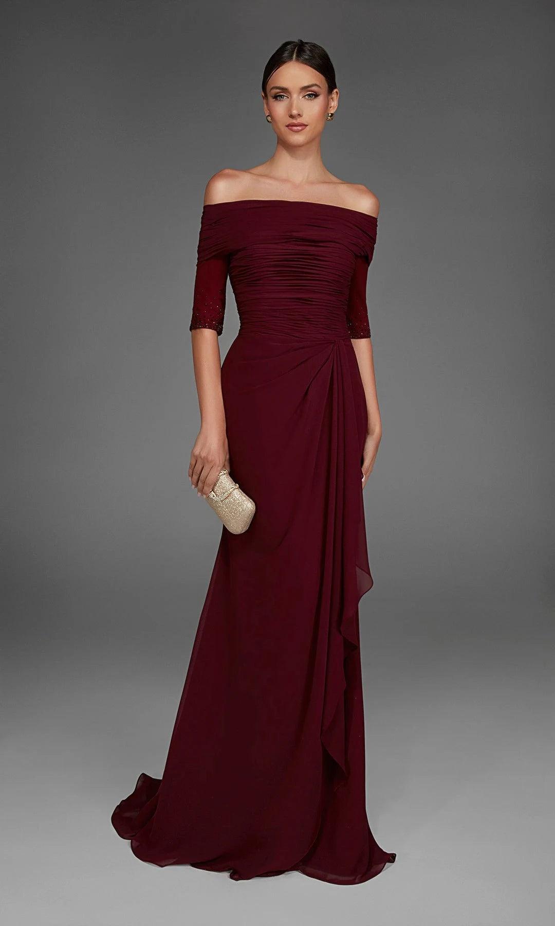 Elegant Sheath Off-Shoulder Half-Sleeve Ruched Draped Burgundy Floor-Length Prom Dresses Women Gown