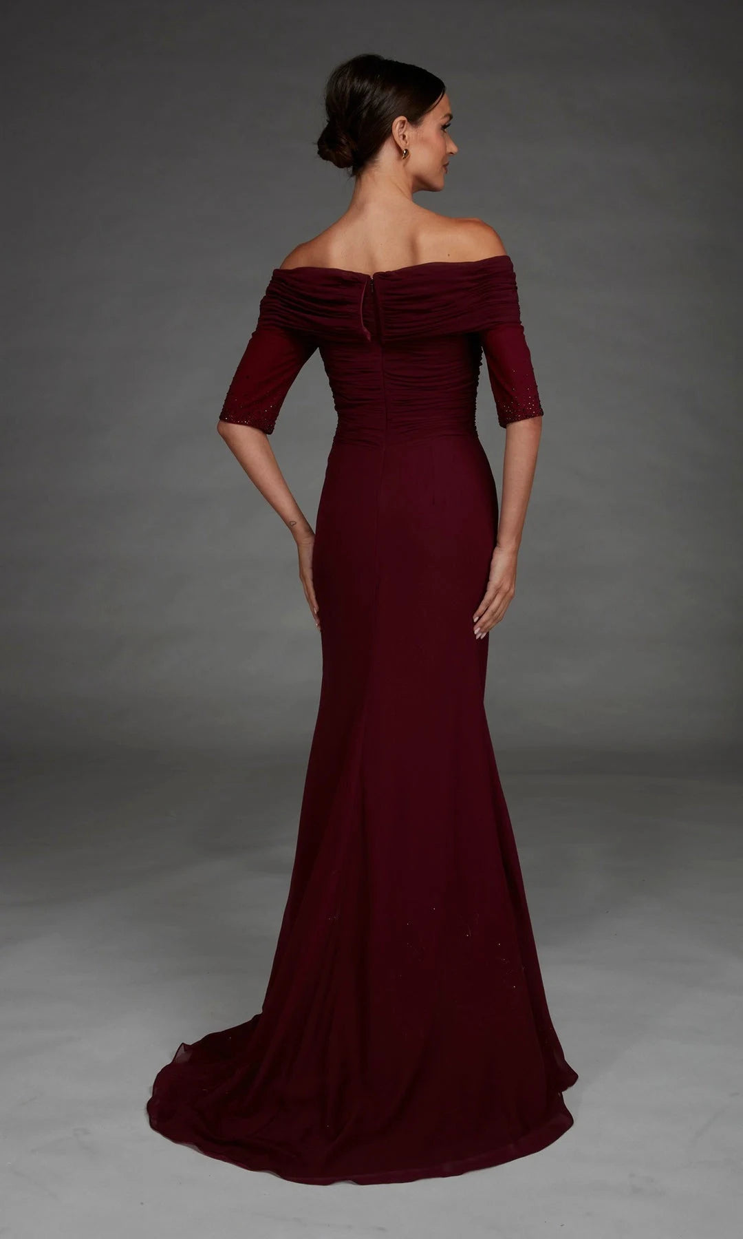 Elegant Sheath Off-Shoulder Half-Sleeve Ruched Draped Burgundy Floor-Length Prom Dresses Women Gown