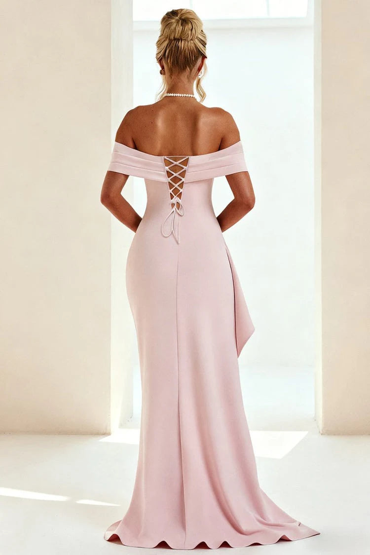 Elegant Sheath Off-Shoulder Ruched Slit Blush Pink Floor-Length Prom Dresses Gown