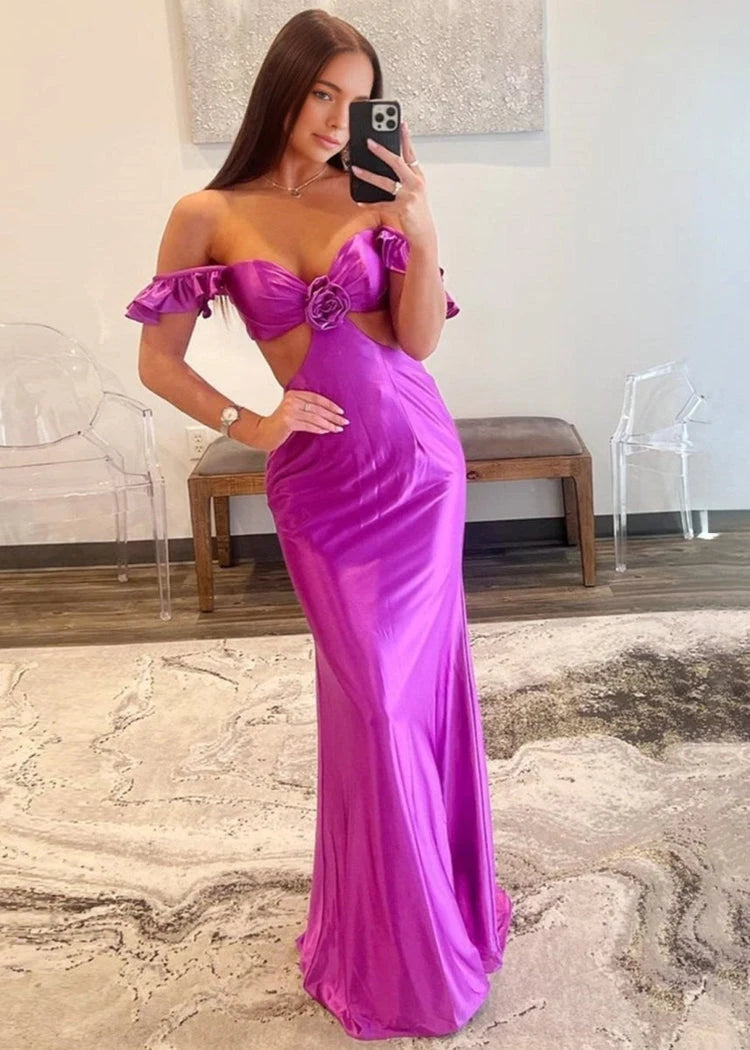 Elegant Sheath Off-Shoulder Ruffled Cutout Fuchsia Floor-Length Prom Gown