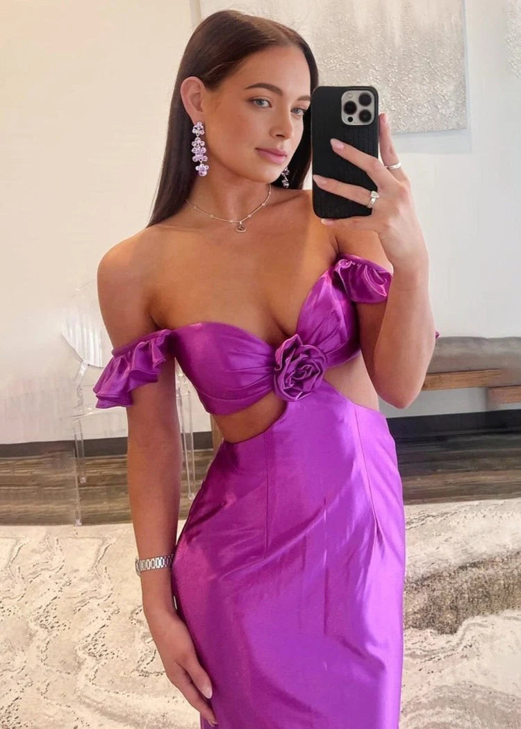 Elegant Sheath Off-Shoulder Ruffled Cutout Fuchsia Floor-Length Prom Gown