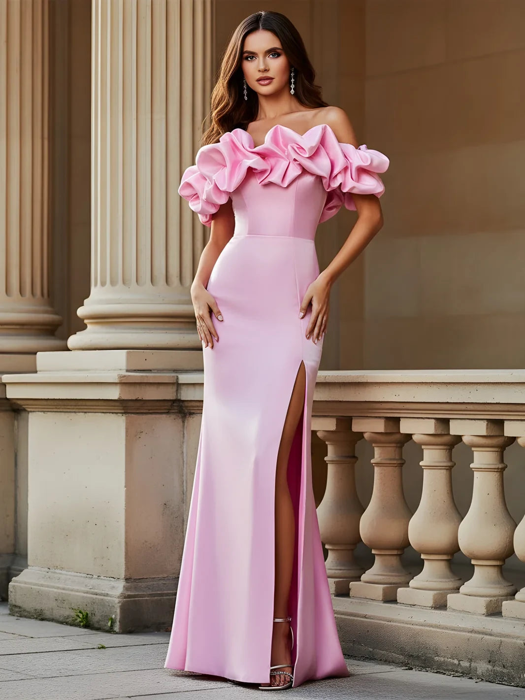 Elegant Sheath Off-Shoulder Ruffled Sleeves High Slit Pink Prom Dress