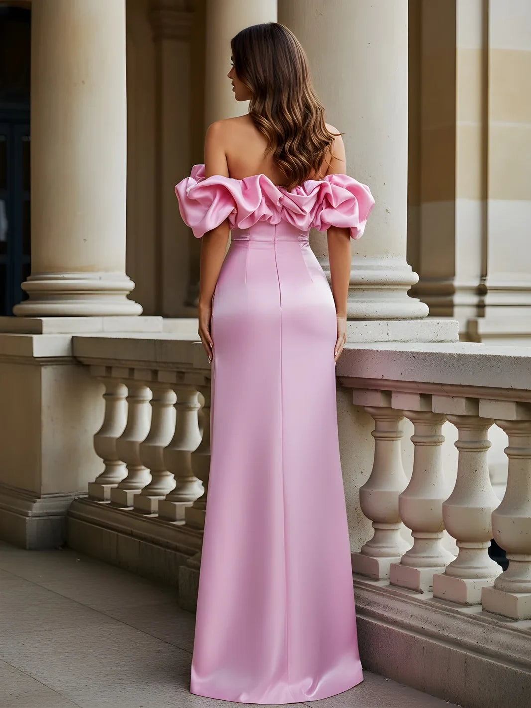 Elegant Sheath Off-Shoulder Ruffled Sleeves High Slit Pink Prom Dress